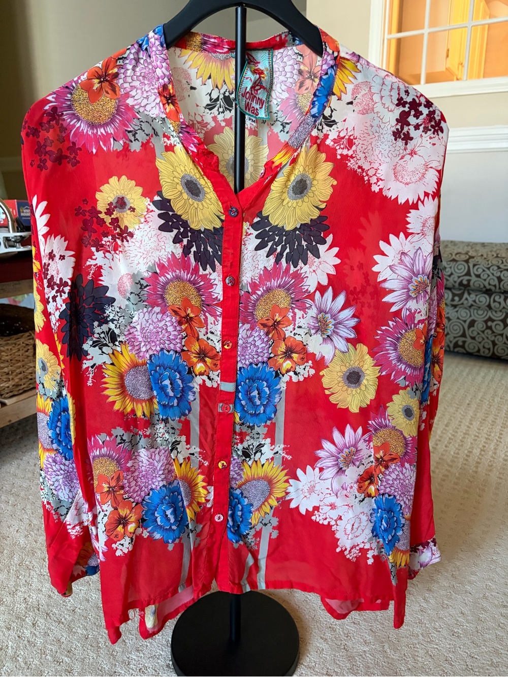 Johnny Was Red Floral Silk Button Blouse